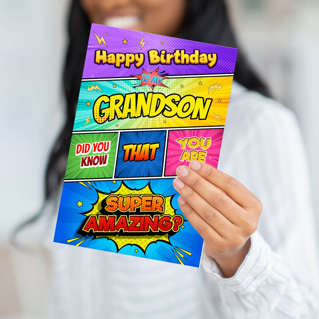 A person holding the superhero birthday card to demonstrate the substantial weight and professional feel of the paper.