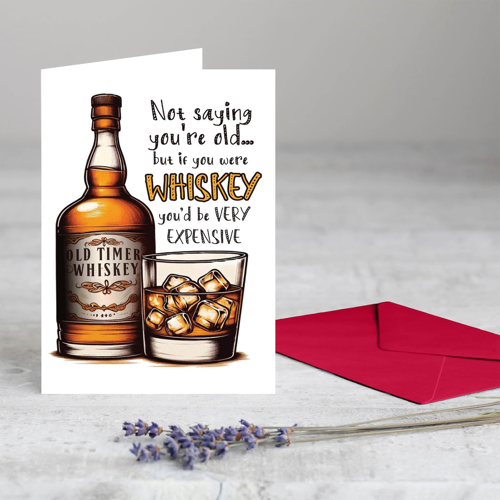 Premium red self-adhesive envelope included with whiskey gag gift card.