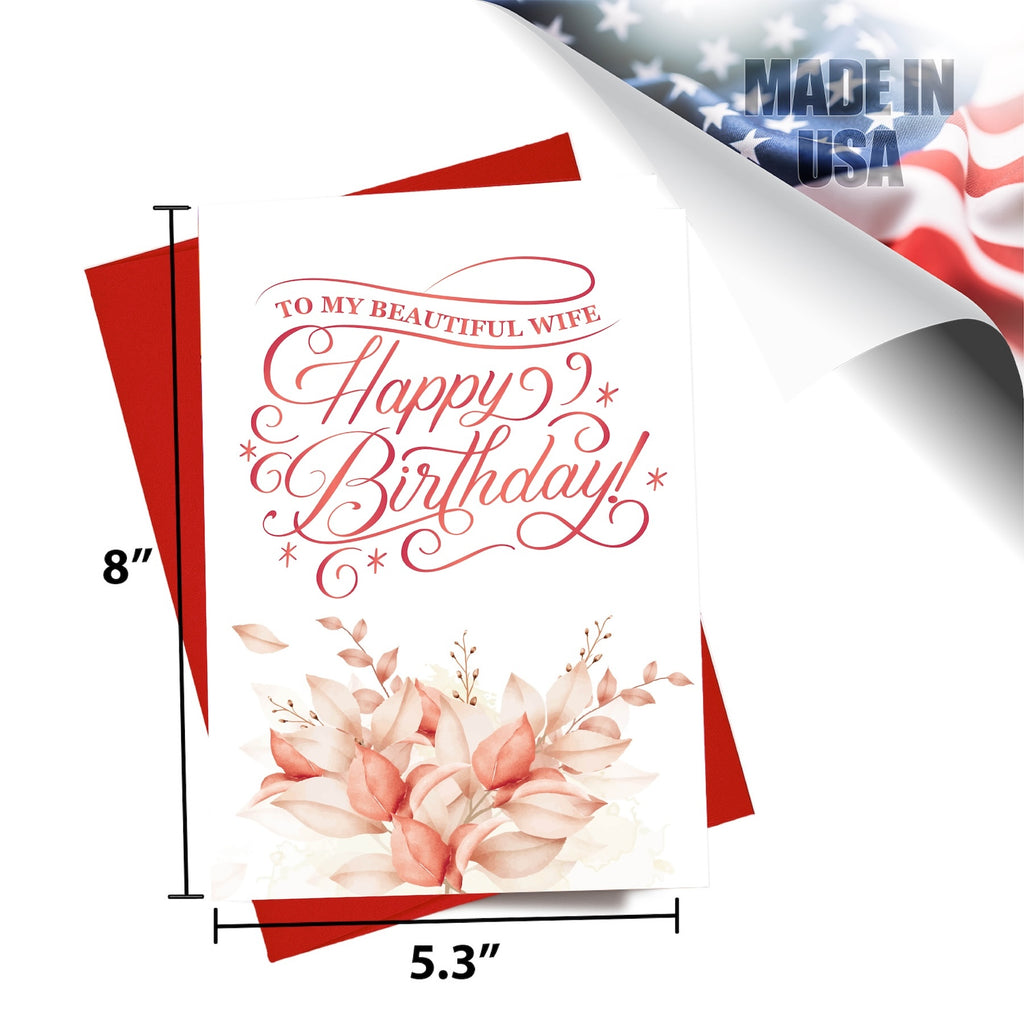 Elegant wife birthday card shown at 5.3" x 8" size next to a ruler to highlight the premium large-format design.