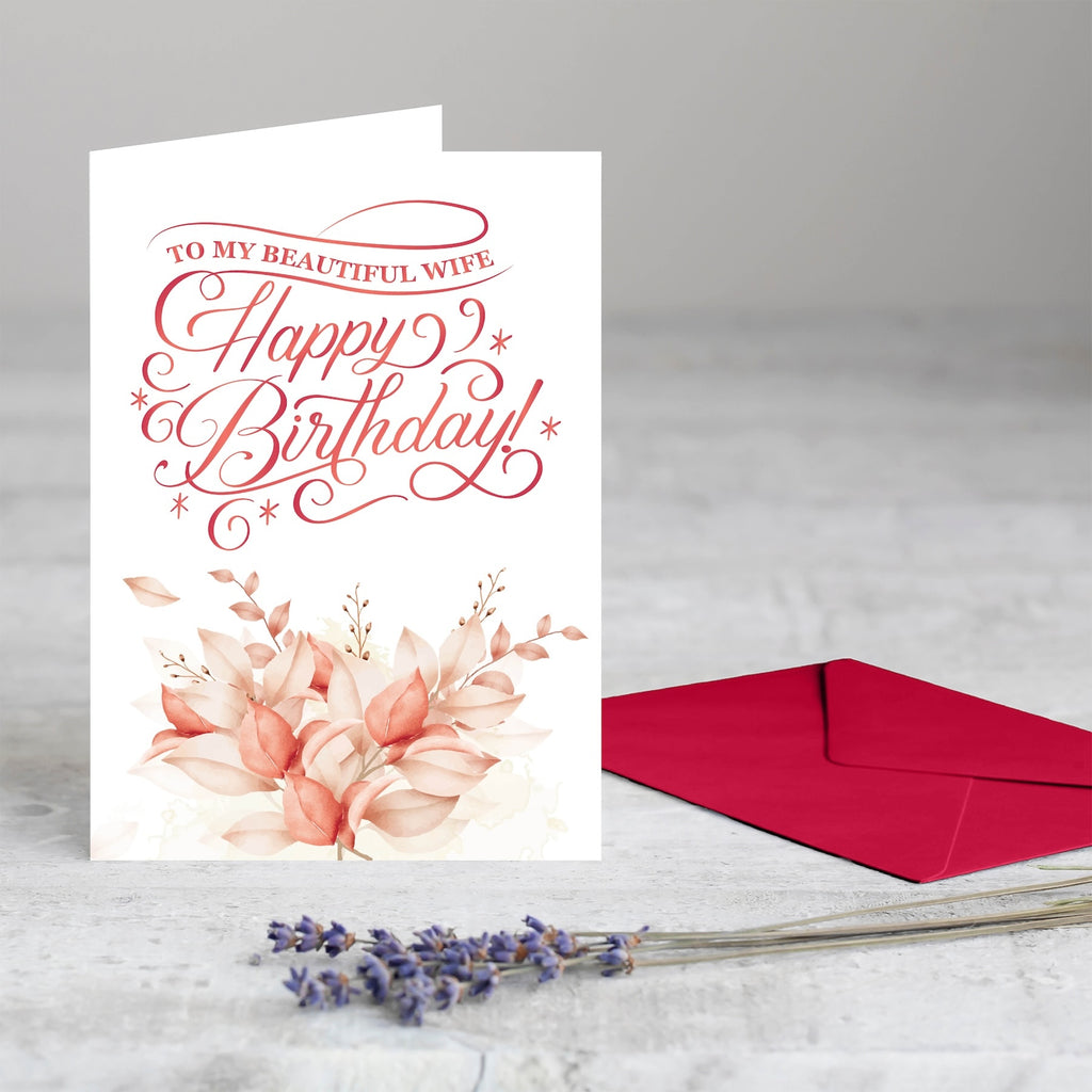 The "Beautiful Wife" floral card shown next to its premium red self-adhesive envelope.