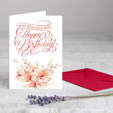 The "Beautiful Wife" floral card shown next to its premium red self-adhesive envelope.