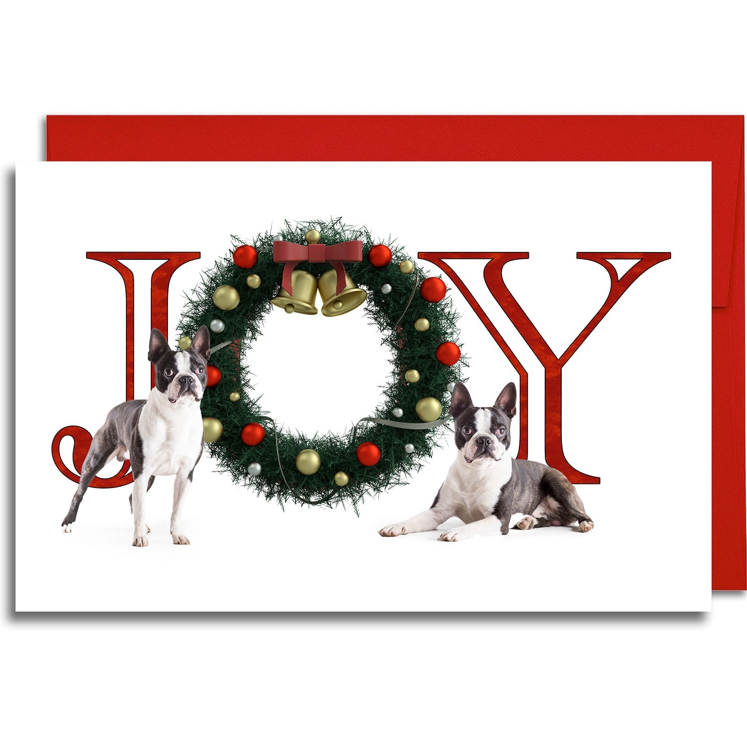JOY Boston Terrier - Greeting Card - 5.3x8 - 10 Pack Christmas