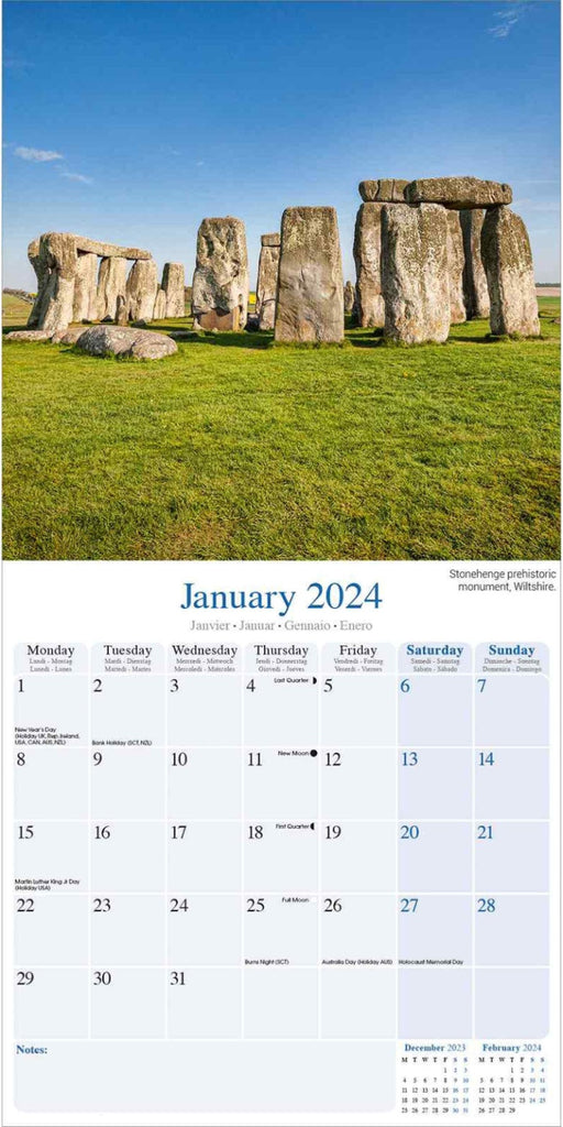 England Wall Calendar 2024